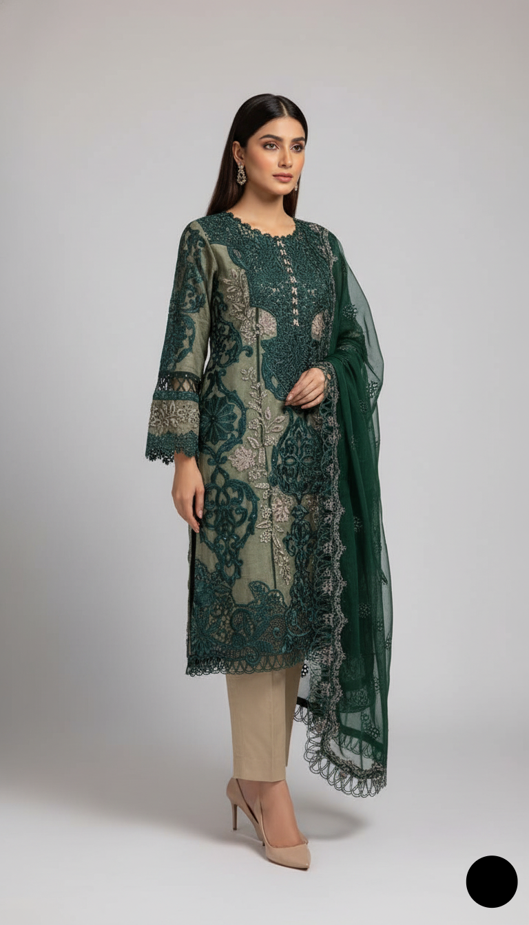 Organza A-Line shirt bottle green - Pakistani women's elegant formal wear with viscose trouser and organza dupatta front view