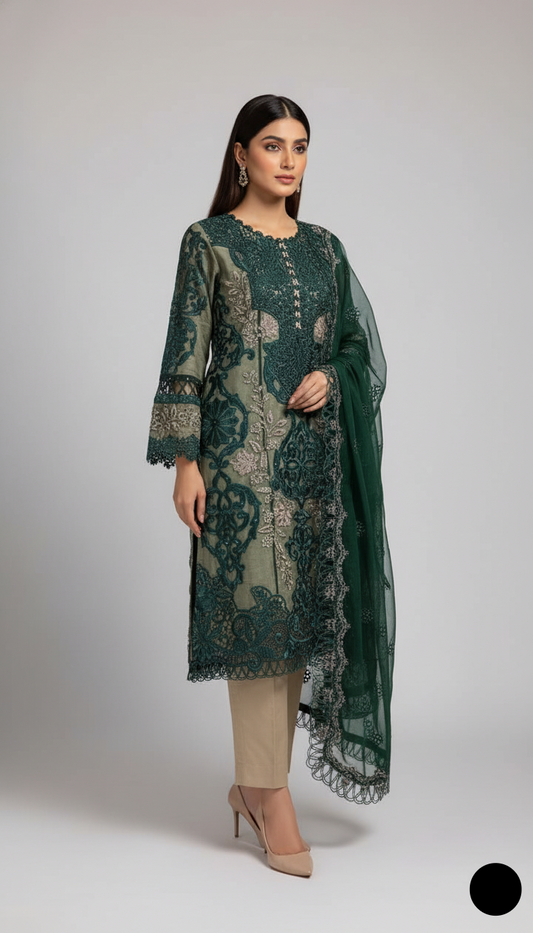 Organza A-Line shirt bottle green - Pakistani women's elegant formal wear with viscose trouser and organza dupatta front view