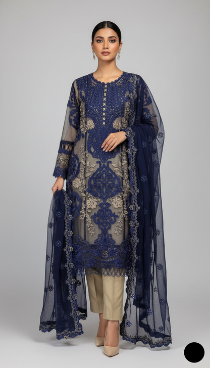 Organza A-Line shirt navy blue - Pakistani women's elegant formal wear with viscose trouser and organza dupatta front view
