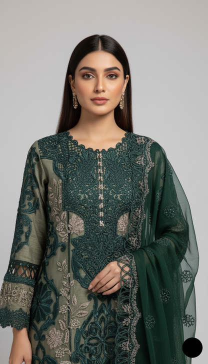 Bottle green organza Pakistani women's A-Line shirt side view