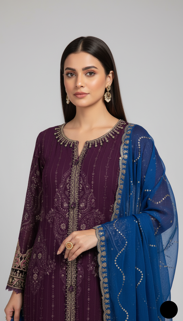 Purple organza Pakistani women's A-Line shirt side view