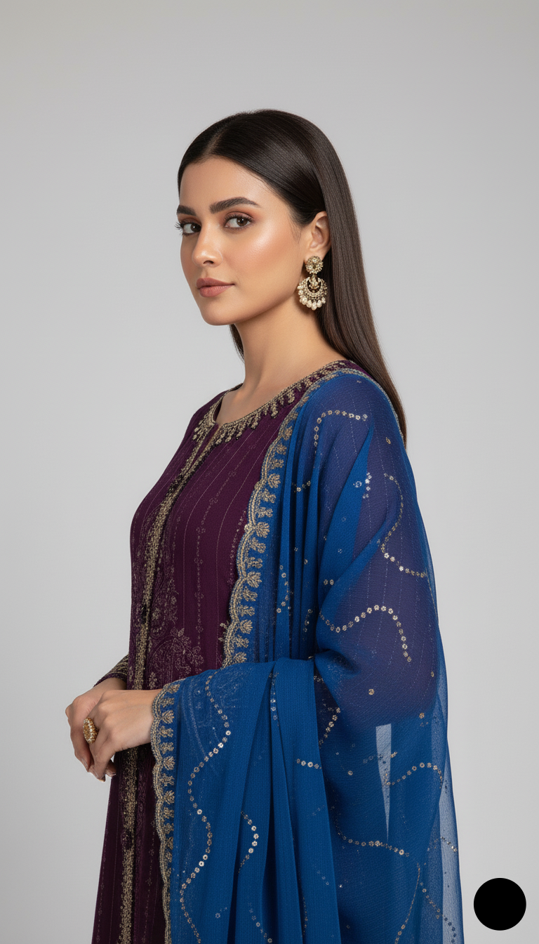Pakistani women's purple organza A-Line shirt detail view