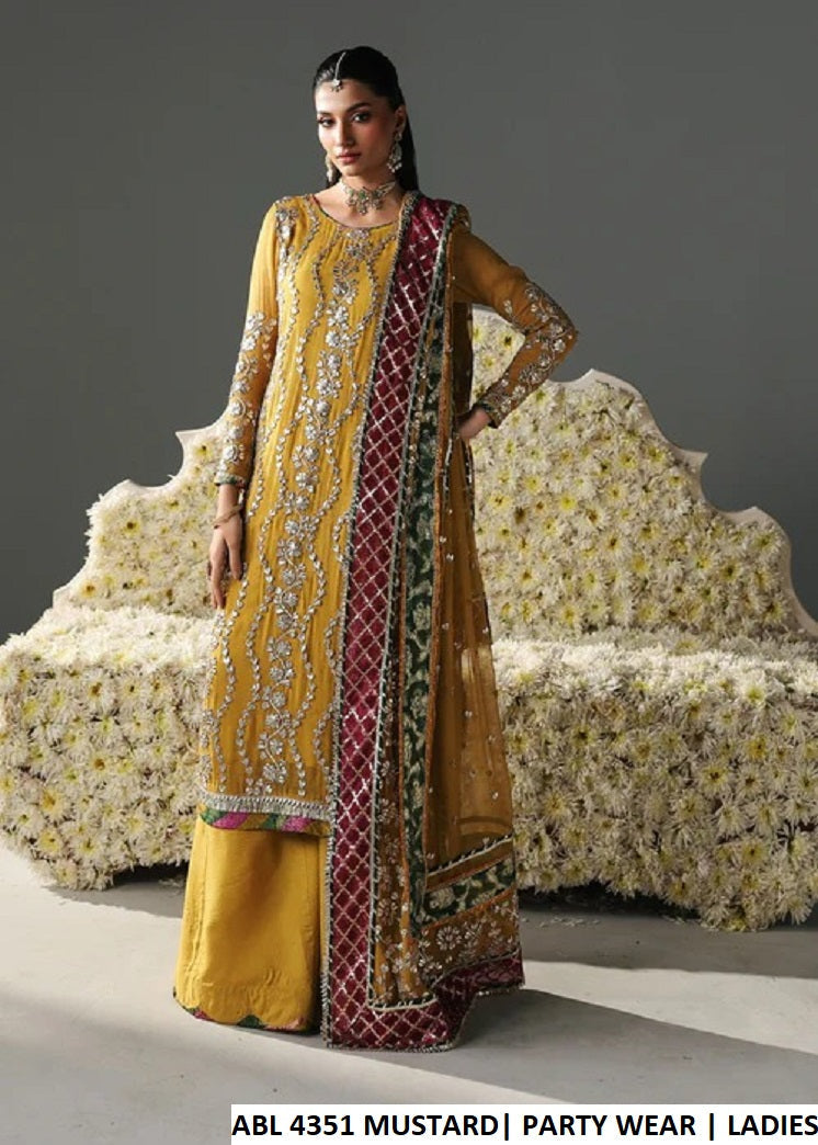 Chiffon straight shirt plazo mustard - Pakistani women's party wear with viscose plazo and chiffon dupatta front view