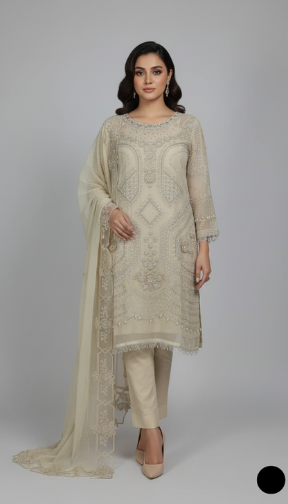Chiffon straight shirt fawn - Pakistani women's elegant formal wear with grip trouser and chiffon dupatta front view