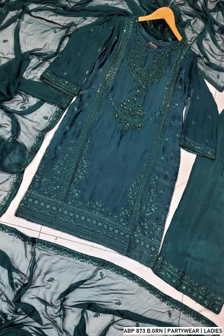 Pakistani women's bottle green silk straight shirt detail view