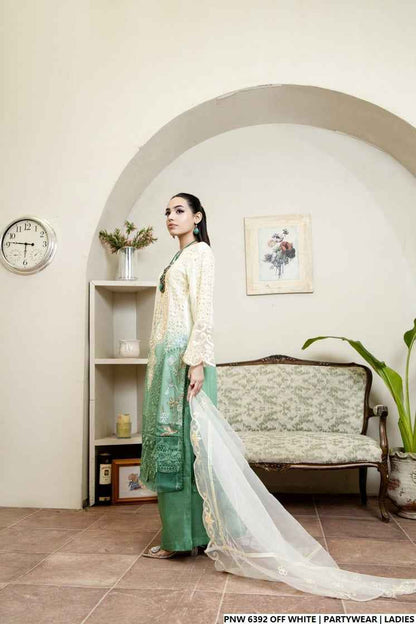 Chiffon straight shirt plazo off white - Pakistani women's party wear with viscose plazo and chiffon dupatta front view