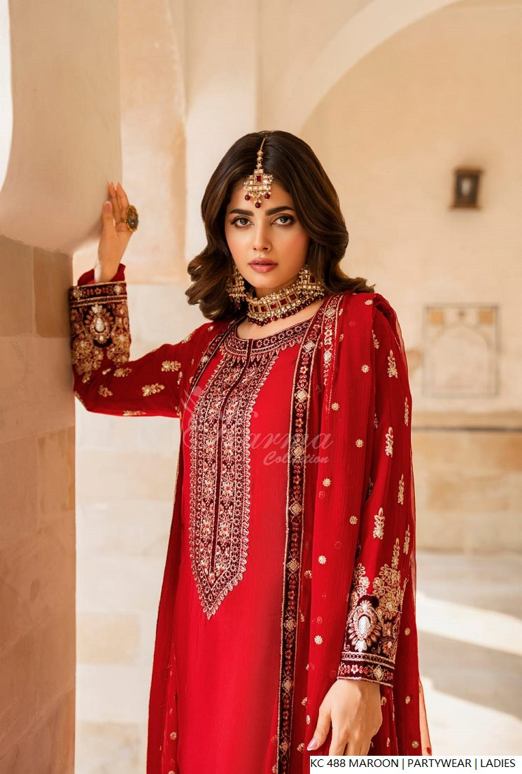 Pakistani women's maroon silk long kaftan plazo detail view