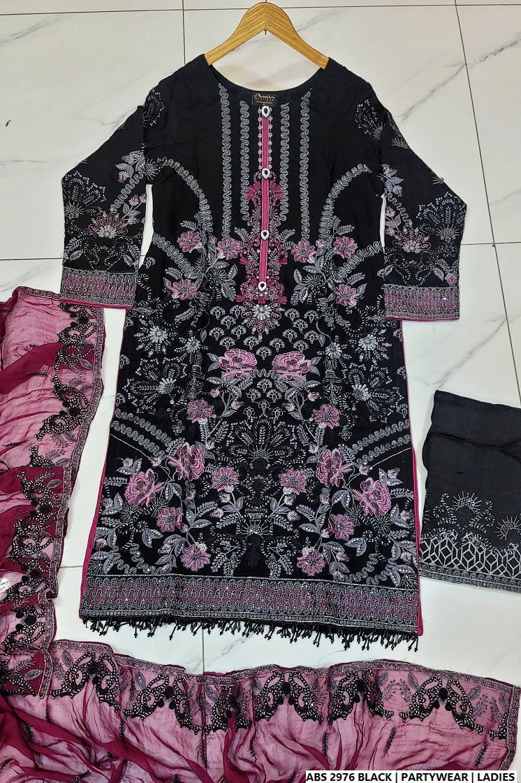 Organza straight shirt black - Pakistani women's elegant formal wear with viscose trouser and organza dupatta front view
