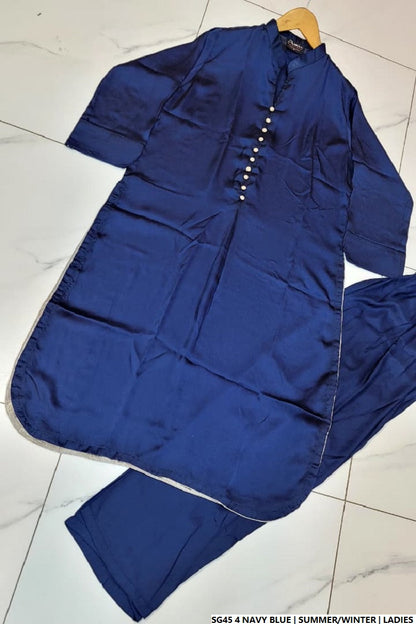 Pakistani women's navy blue silk A-Line shirt back view