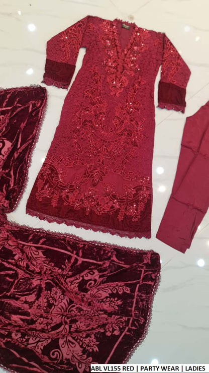 Pakistani women's red velvet straight shirt back view