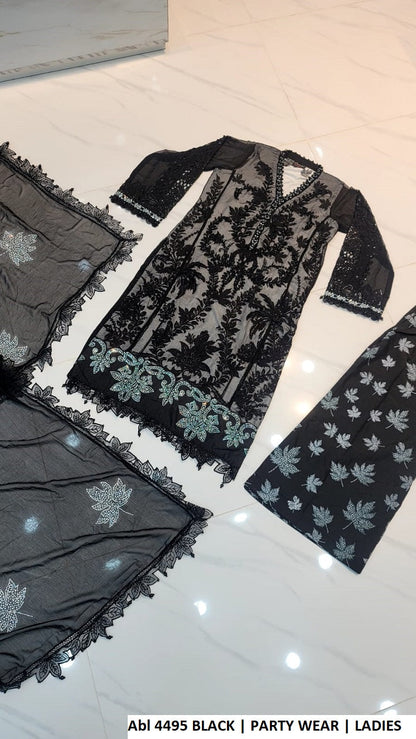 ABL 4495 BLACK Pakistani women's chiffon straight shirt plazo back view