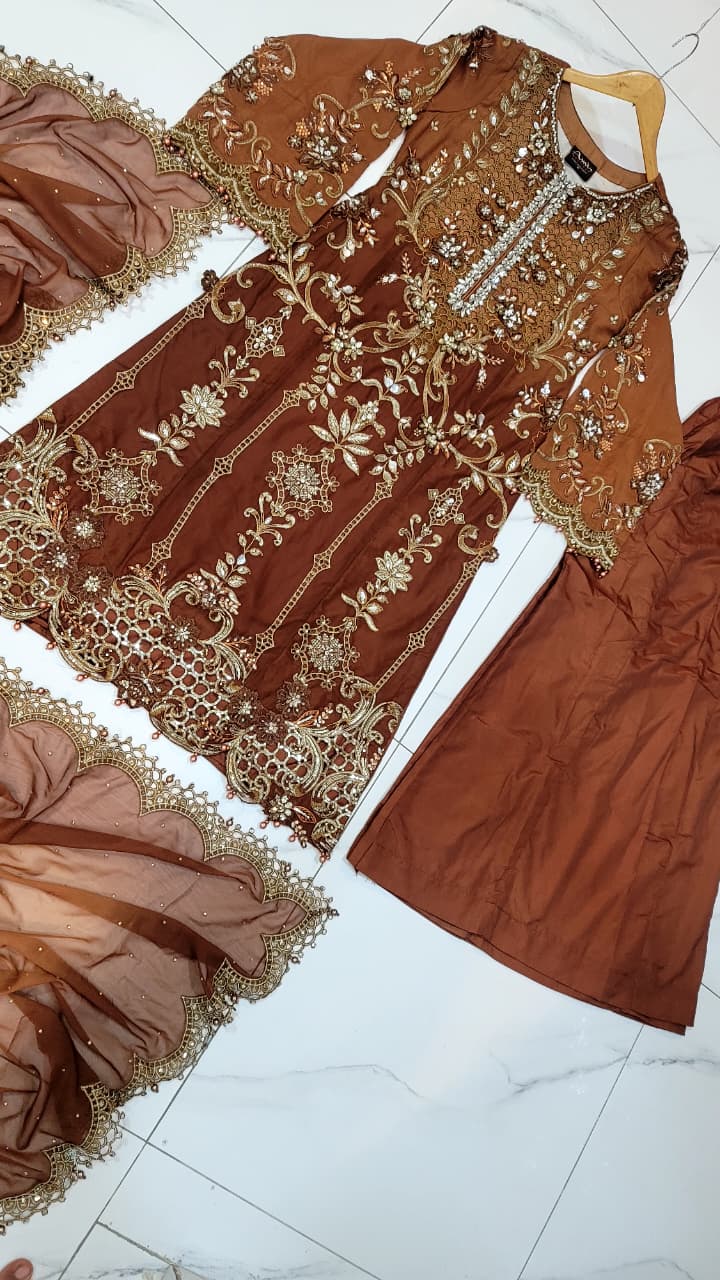 Pakistani women's brown organza straight shirt full view