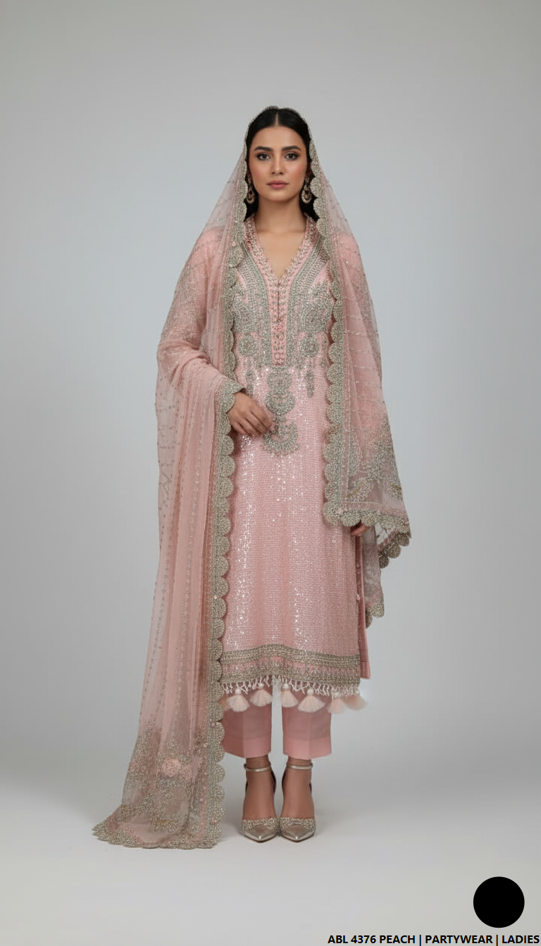 Chiffon straight shirt peach - Pakistani women's elegant party wear with viscose trouser and chiffon dupatta front view