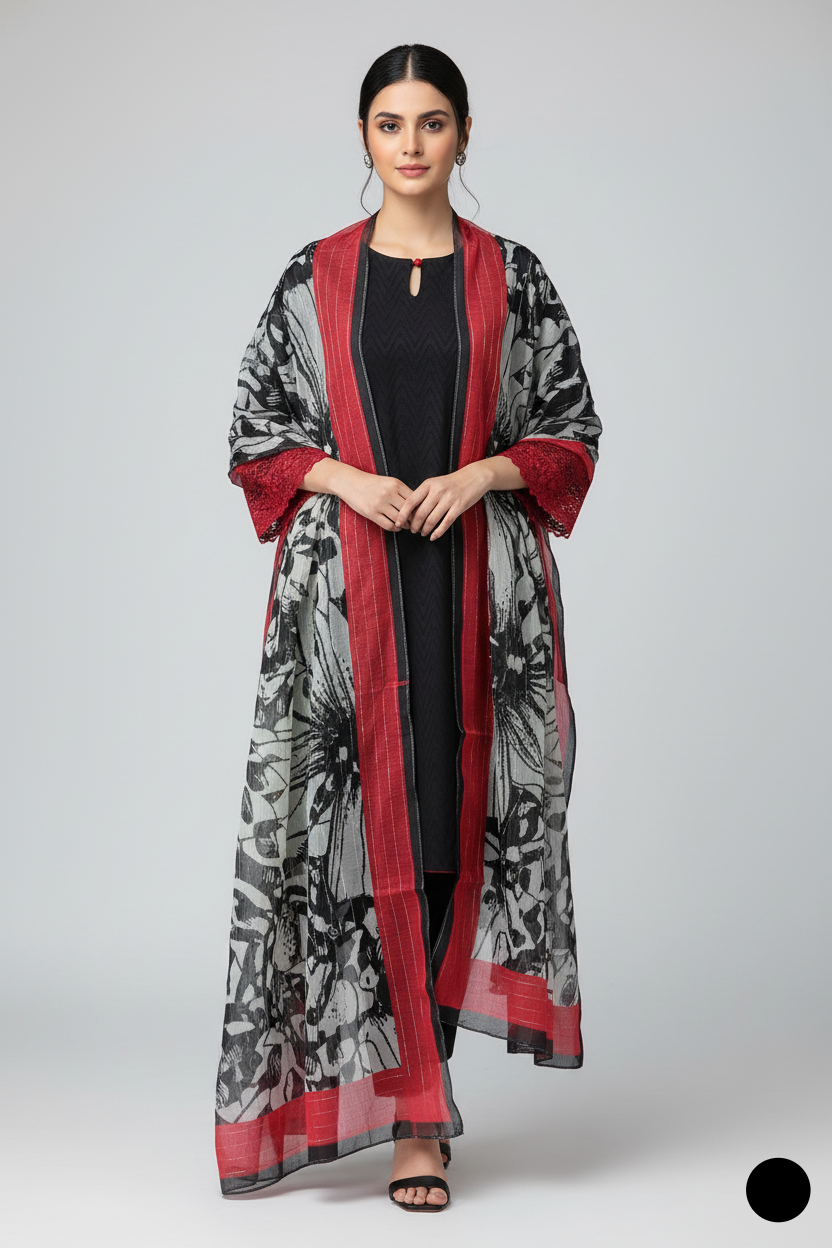 Lawn A-Line shirt black - Pakistani women's casual summer outfit with cotton trouser and lawn dupatta front view