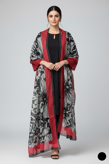 Lawn A-Line shirt black - Pakistani women's casual summer outfit with cotton trouser and lawn dupatta front view