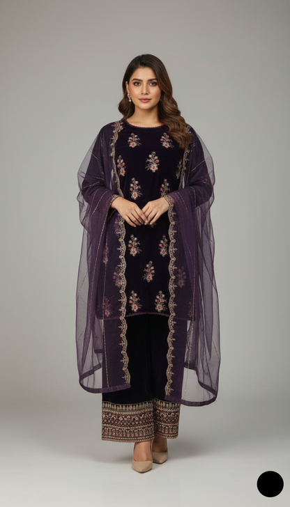 Pakistani women's purple velvet straight shirt back view