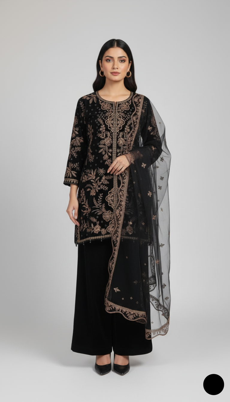 Black velvet Pakistani women's straight shirt back view