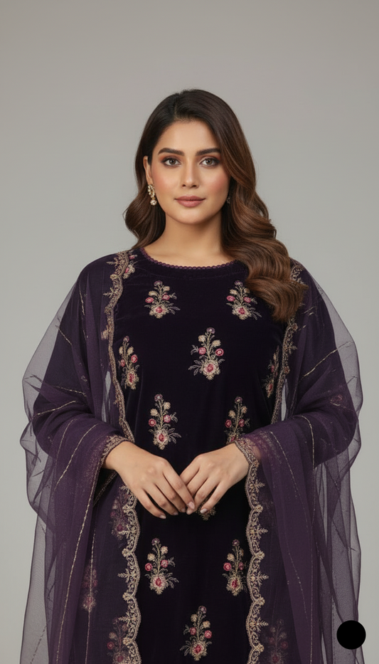 Purple velvet Pakistani women's straight shirt side view