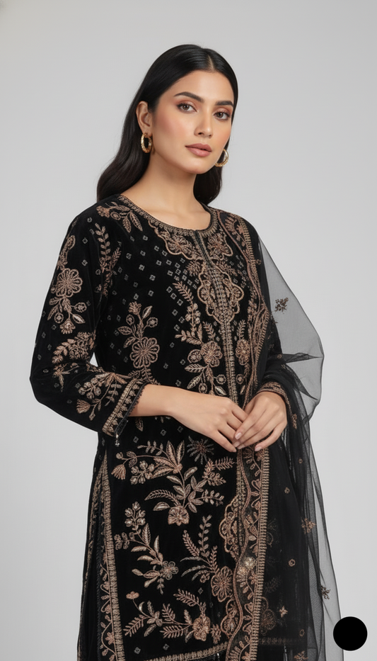 Velvet straight shirt black - Pakistani women's winter formal wear with velvet trouser and dupatta front view
