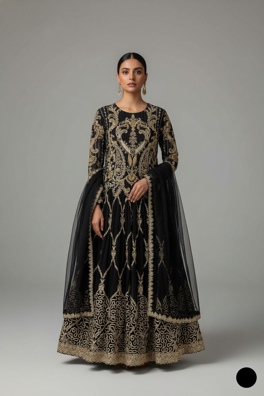 Chiffon straight shirt plazo black - Pakistani women's party wear with grip plazo and chiffon dupatta front view
