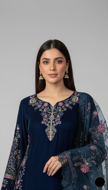 Velvet straight shirt zinc grey - Pakistani women's winter formal wear with velvet trouser and dupatta front view