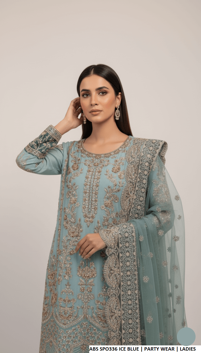 Ice blue chiffon Pakistani women's straight shirt with plazo side view