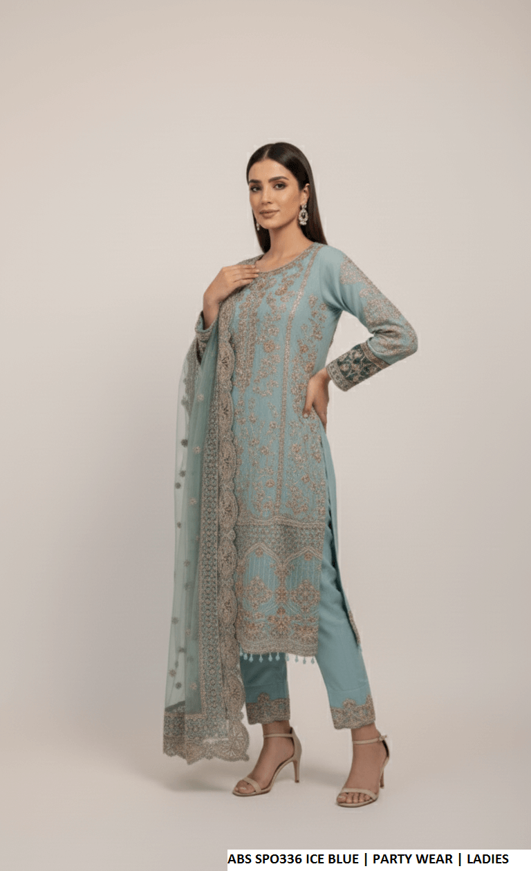 Pakistani women's ice blue chiffon straight shirt plazo detail view
