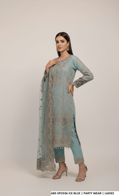 Pakistani women's ice blue chiffon straight shirt plazo detail view