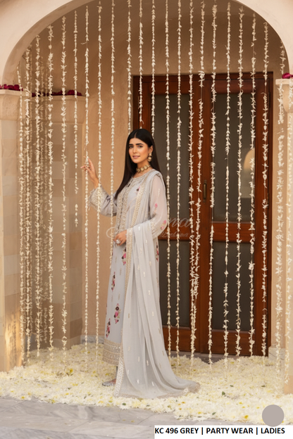 Pakistani women's grey silk long kaftan plazo back view