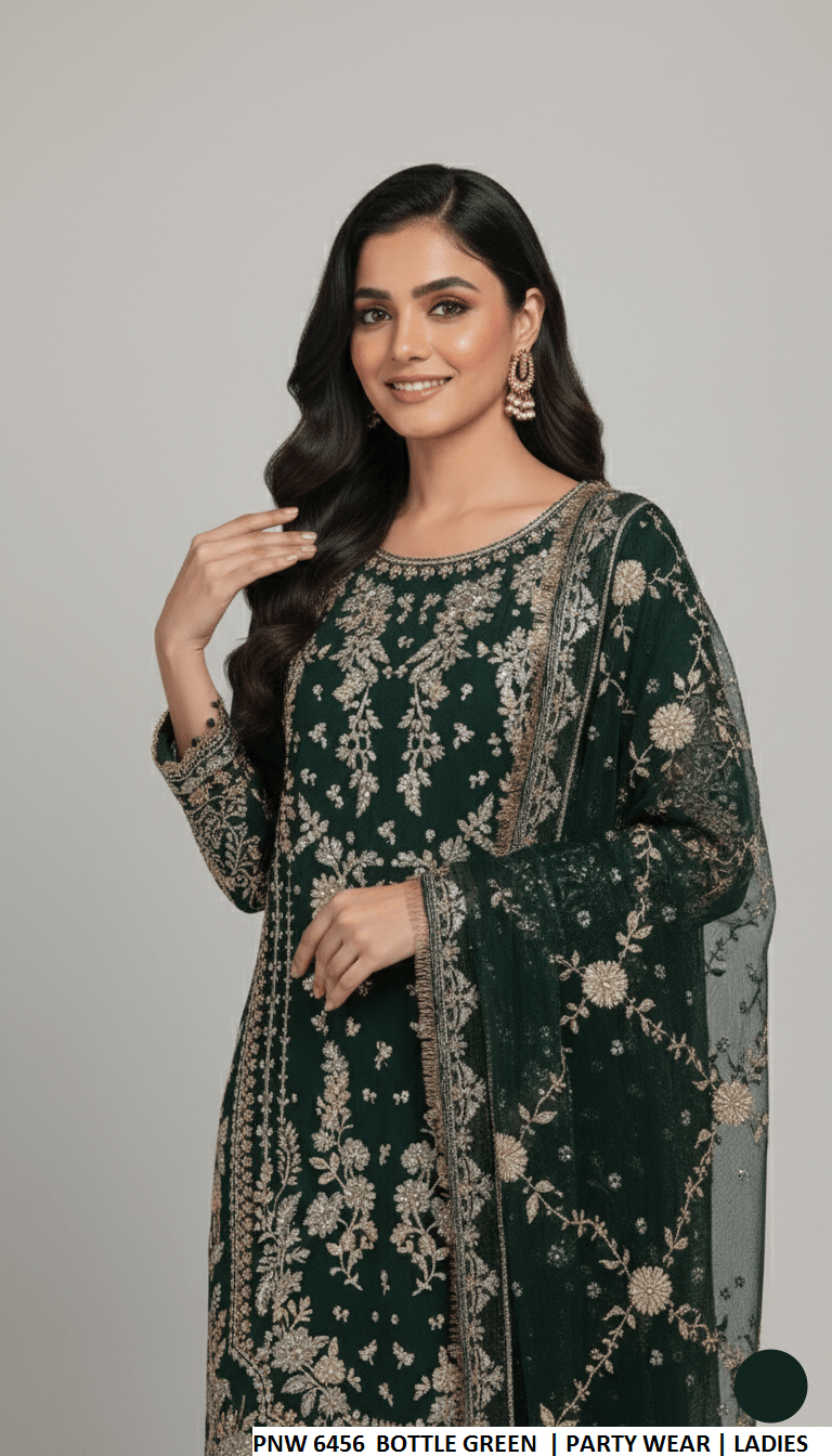Chiffon straight shirt bottle green - Pakistani women's party wear with viscose trouser and chiffon dupatta front view