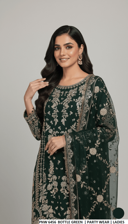 Chiffon straight shirt bottle green - Pakistani women's party wear with viscose trouser and chiffon dupatta front view