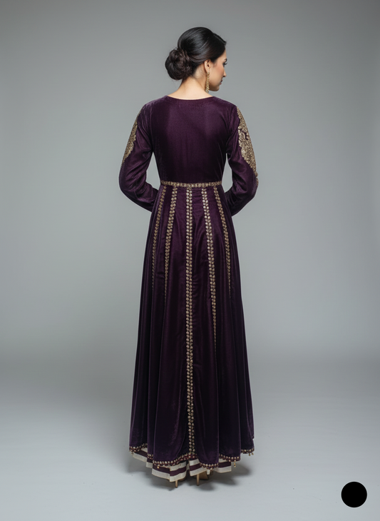 Maroon velvet Pakistani women's A-Line shirt back view