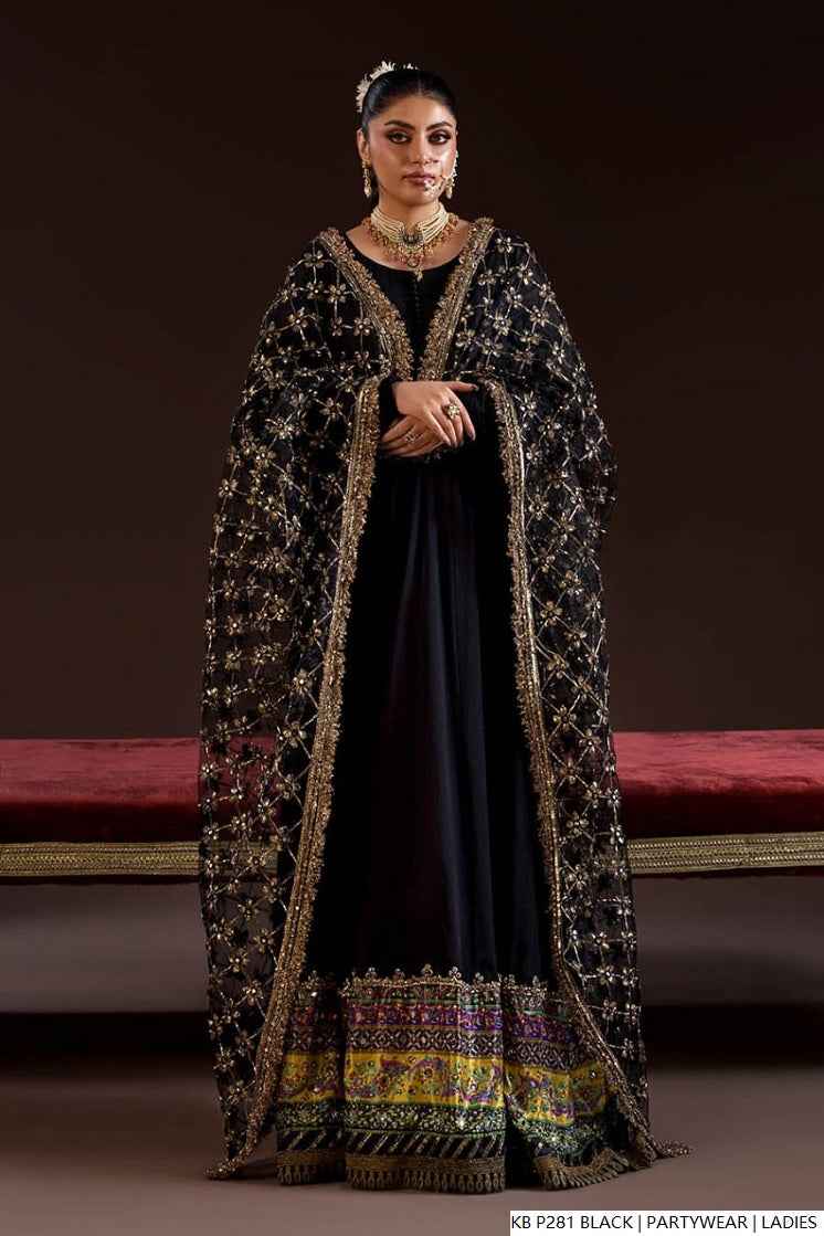 Hand embroidered luxury suit black - Pakistani women's bridal formal wear with embroidered dupatta front view