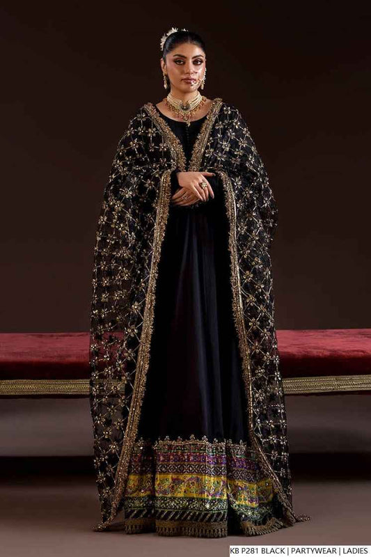 Hand embroidered luxury suit black - Pakistani women's bridal formal wear with embroidered dupatta front view