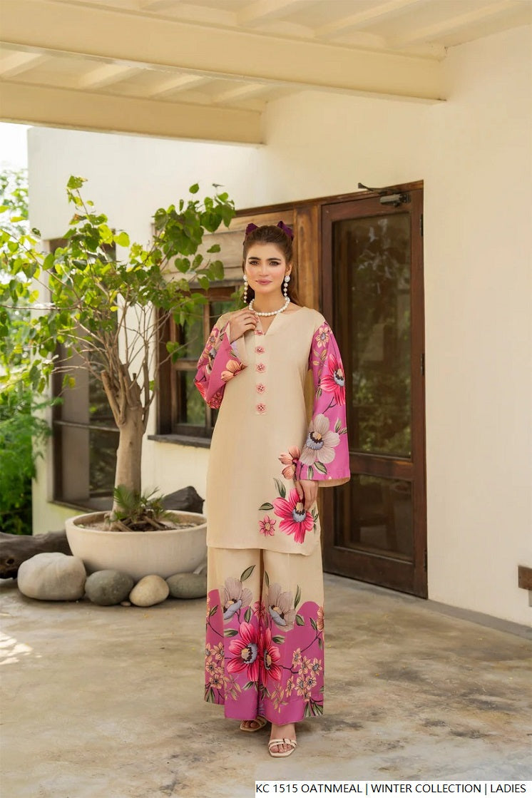 Silk 2-piece oatmeal - Pakistani women's elegant formal wear with silk trouser and silk dupatta front view