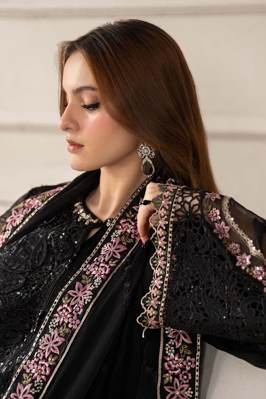 Pakistani women's black organza A-Line shirt full view