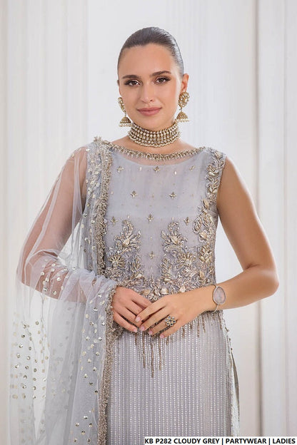 Pakistani women's cloudy grey hand embroidered luxury suit detail view