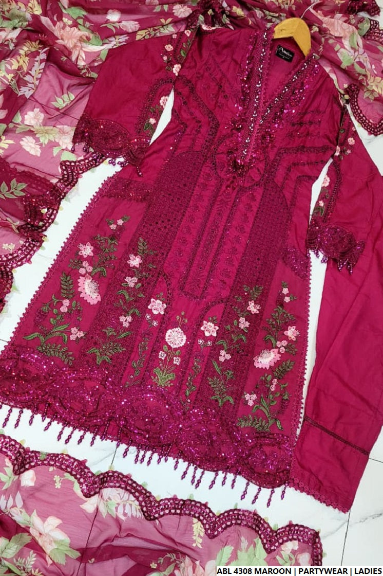 Pakistani women's maroon organza A-Line shirt full view