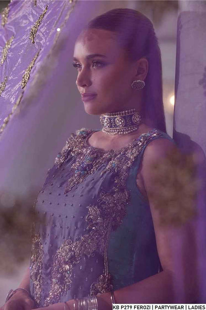 Pakistani women's ferozi hand embroidered luxury suit detail view