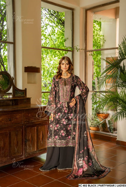 Silk long kaftan black - Pakistani women's luxury formal wear with silk dupatta front view