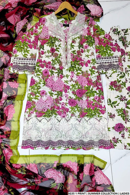 Lawn A-Line printed shirt - Pakistani women's casual summer outfit with cotton trouser and lawn dupatta front view