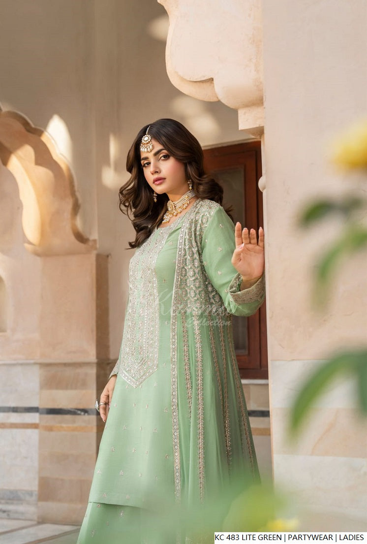 Pakistani women's light green silk long kaftan plazo detail view