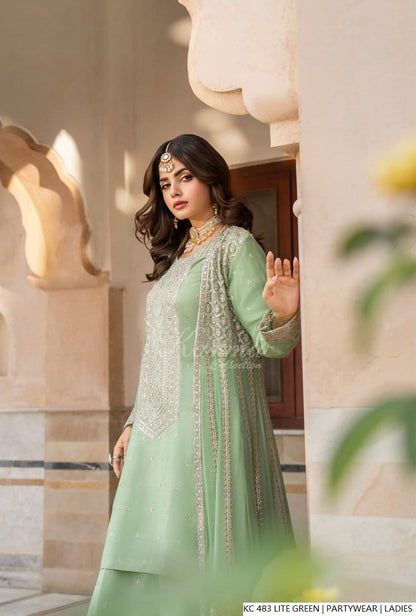 Pakistani women's light green silk long kaftan plazo detail view