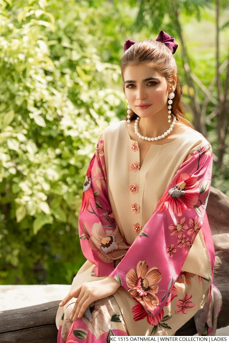 Pakistani women's oatmeal silk 2-piece formal suit detail view