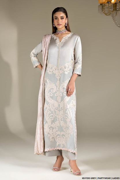 Velvet embroidered suit grey - Pakistani women's luxury bridal winter wear front view