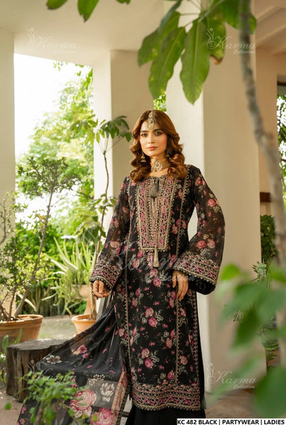 Pakistani women's black silk long kaftan back view