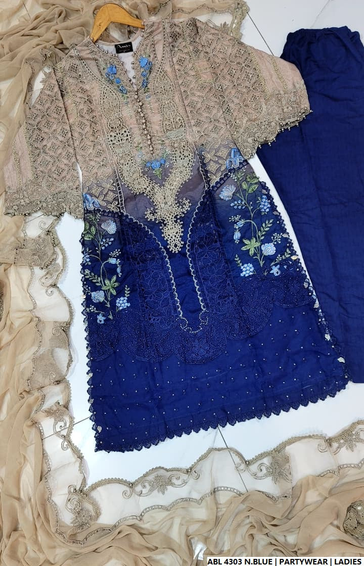 Pakistani women's navy blue organza A-Line shirt back view