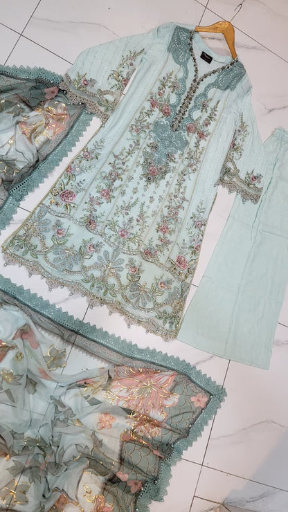 Pakistani women's icy blue chiffon A-Line shirt full view