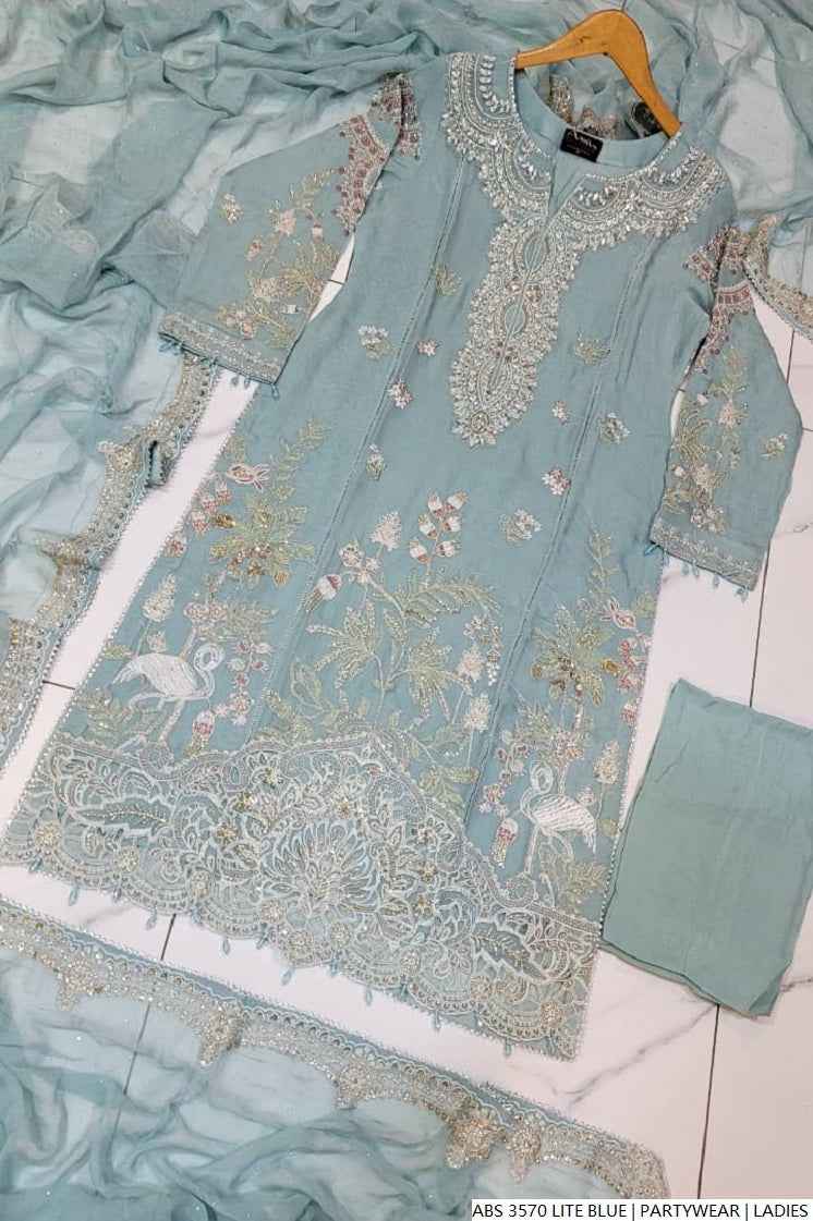 Pakistani women's light blue organza straight shirt back view