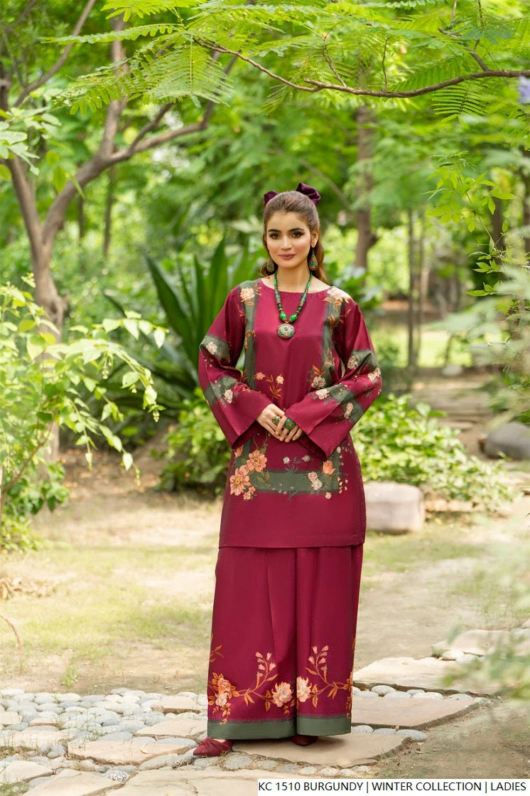 Silk 2-piece burgundy - Pakistani women's elegant formal wear with silk trouser and silk dupatta front view